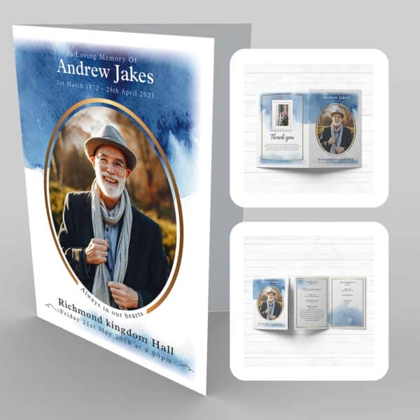 A funeral program template with an 11a Navy Blue Wash & Bronze and a photo of an old man.