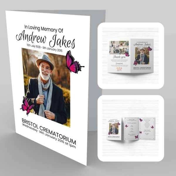 A funeral program template with an image of a man and 12 Butterflies (any colour).