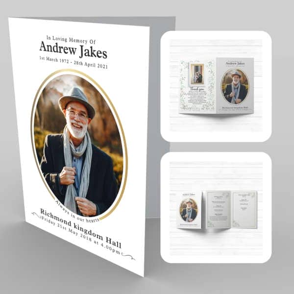 Andrew Jakes funeral program template with 17a Gold Frame, Beautiful Pattern.