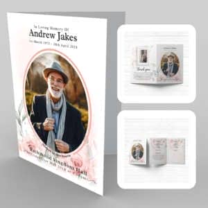 A funeral program template with 1a Delicate Red Rose and a photo of an old man.
