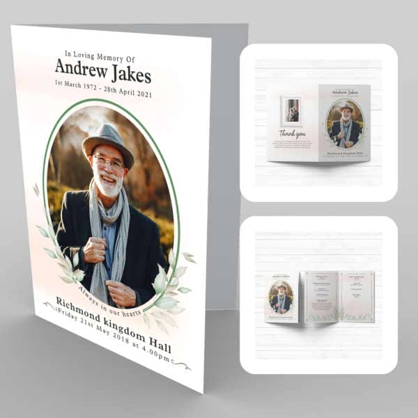 A funeral program template with an image of an old man surrounded by 20a Light Greens and Foliage.