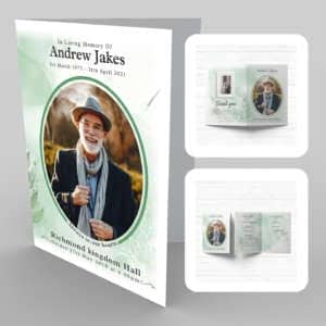 A funeral program template with a photo of a man in a hat, adorned with 2a Green Watercolour Foliage.