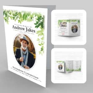 A brochure with a picture of a man surrounded by 4 Green leaves, Nature Wash.
