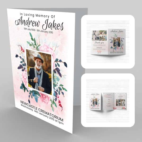 A funeral program template with a photo of a man and a 6 Pink Rose, Colourful Bouquet.
