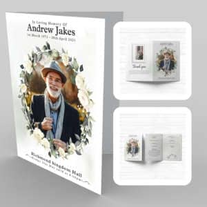 A funeral program template with a photo of an old man, surrounded by a 7a White Flower Frame.