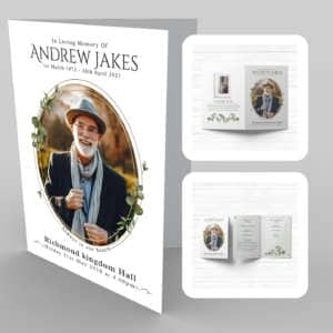 A brochure with a picture of a man and a 7b Green Watercolour background.